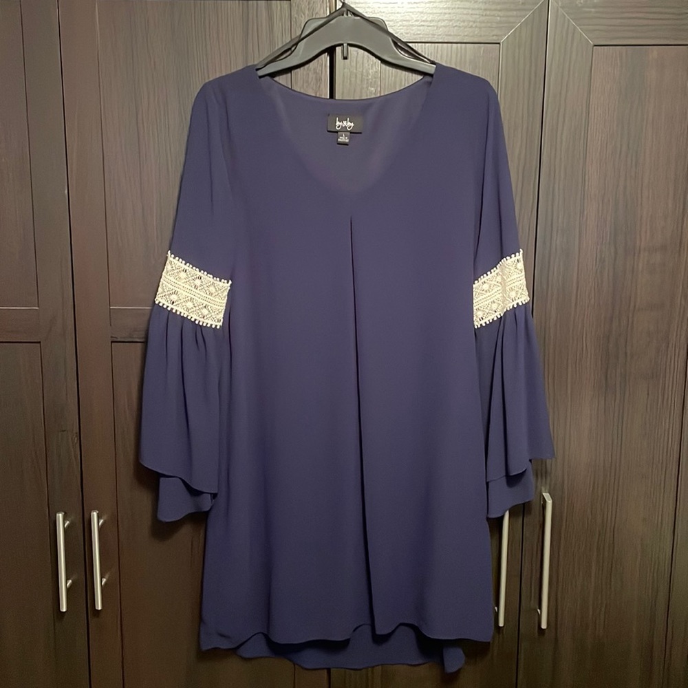 Navy Blue Flowy Dress with Creamy Lace Sleeves